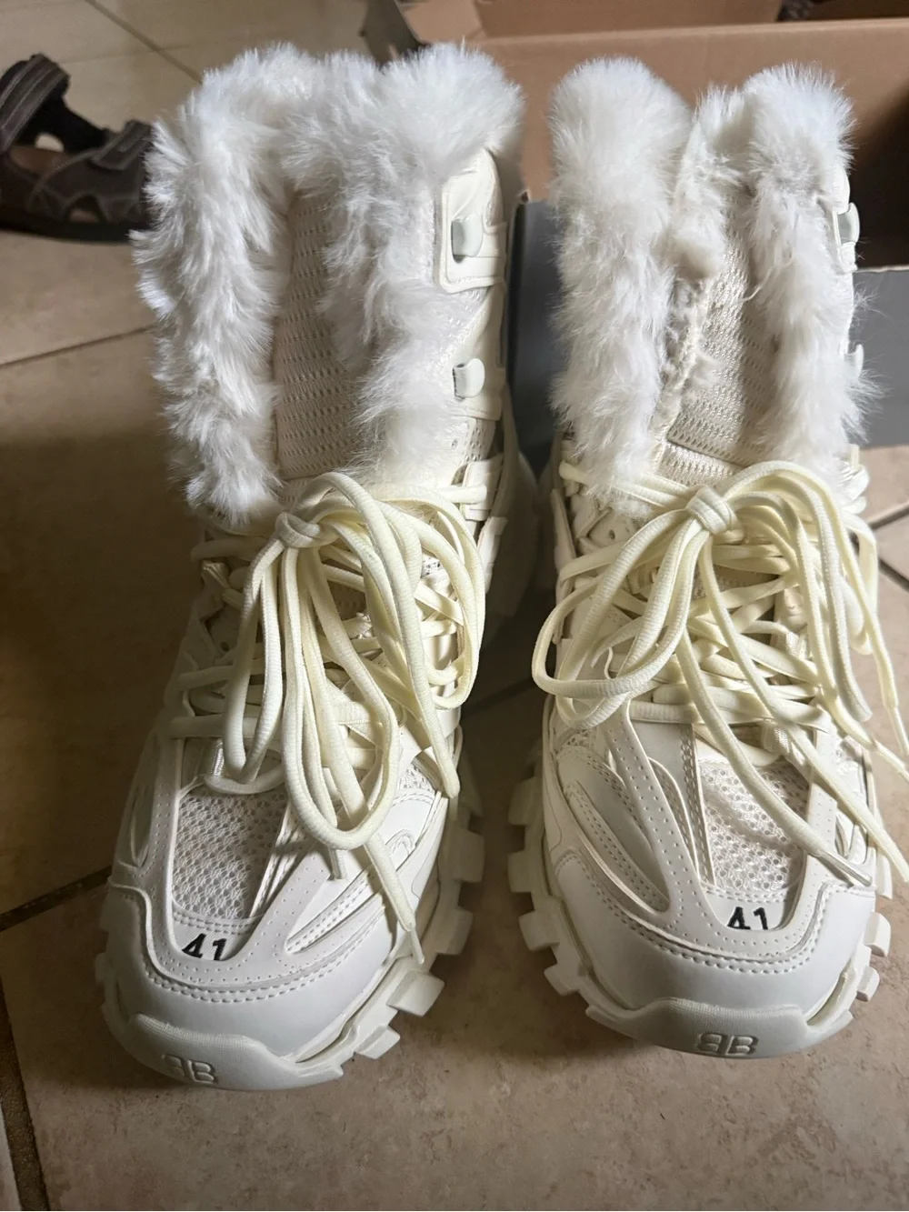 Balenciaga White Fur-Trim Track Sneaker Boot